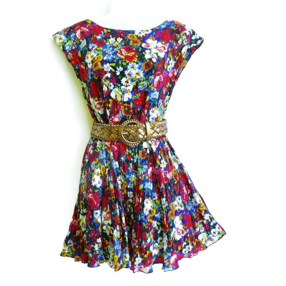 Alice & Olivia Matilda Dress Mini Vibrant Floral Bouquet Silk Boat Neck Pleated - Picture 13 of 14